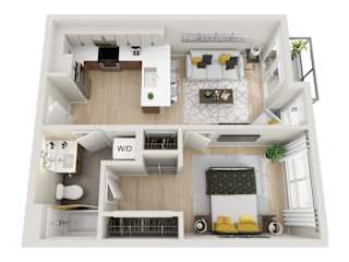 A top-down view of a small apartment with a living room, kitchen, and bathroom.