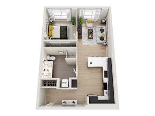 A top-down view of a small apartment with a living room, kitchen, and bedroom.