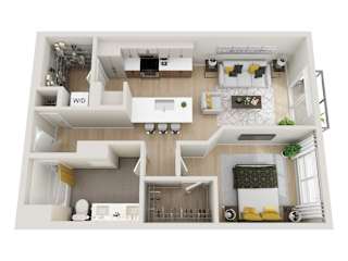 A top-down view of a modern apartment layout with a living room, kitchen, and two bedrooms.