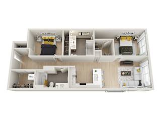 A floor plan of a house with two bedrooms, a living room, a kitchen, and a bathroom.