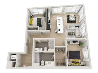A 3D floor plan of a house with a living room, kitchen, and bathroom.