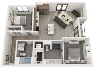A top-down view of a small apartment with a kitchen, living room, and bedrooms.