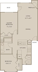 A floor plan of a house with a master bedroom, a bath, a kitchen, a living room, a dining room, and a closet.