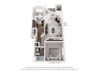 A 3D floor plan of a small apartment with a kitchen, living room, and bathroom.