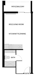 a floor plan of a living room with a bathroom and a bed
