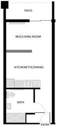 a floor plan of a bedroom with a bathroom and a bed