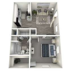 A 3D rendered image of a small apartment with a living room, kitchen, and bedroom.