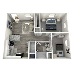 A 3D rendered image of a small apartment layout.