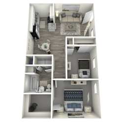 A 3D floor plan of a small apartment with a living room, kitchen, bedroom, and bathroom.