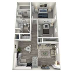 A 3D floor plan of a small apartment with a kitchen, living room, and bathroom.
