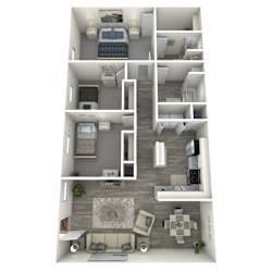 A 3D floor plan of a house with a living room, kitchen, and bedrooms.