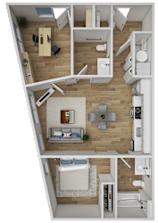 A top-down view of a live/work apartment with a living room, kitchen, and two bedrooms.