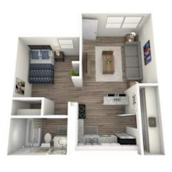 A 3D rendered image of a small apartment with a bedroom, bathroom, kitchen, and living room.