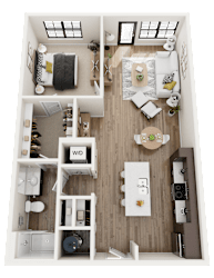 A top-down view of a well-organized apartment with a living room, kitchen, and bathroom.