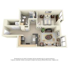 A 3D floor plan of a house with a living room, kitchen, and bathroom.