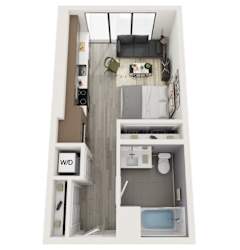A small apartment with a bathroom and a living room.