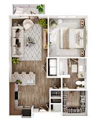 A series of images showing different views of a Millennium Place's A3 floor plan with a bedroom, living room, bathroom, kitchen, and balcony