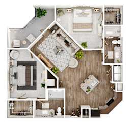 A top-down view of a house layout with a kitchen, living room, dining area, and bathroom.