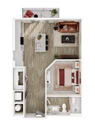 A top-down view of a small apartment with a kitchen, living room, and bathroom.