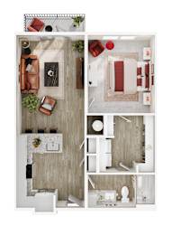 A top-down view of a modern apartment layout with a living room, kitchen, and bathroom.
