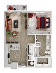 A top-down view of a modern apartment layout with a kitchen, living room, and bedroom.