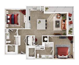 A top-down view of a living room, kitchen, and dining area.