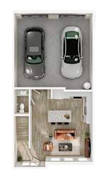 A top-down view of a house with two cars parked in the garage.
