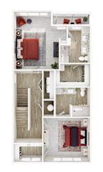 A floor plan of a house with a living room, kitchen, dining room, and bathroom.
