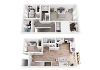 A white floor plan of a two-story house with a living room, kitchen, and bedrooms.