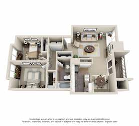 A 3D floor plan of a house with multiple rooms and furniture.