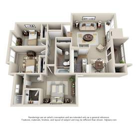 A 3D floor plan of a house with a kitchen, living room, and bedrooms.
