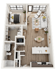 A top-down view of a small apartment with a living room, kitchen, and bedroom.
