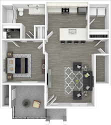 A top-down view of a modern apartment layout with a kitchen, living room, and dining area.