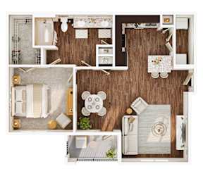 A top-down view of a small apartment layout with a kitchen, living room, and bathroom.