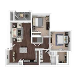 A top-down view of a small apartment layout with a kitchen, living room, and bedroom.