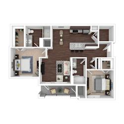 A floor plan of a house with a kitchen, living room, and two bedrooms.