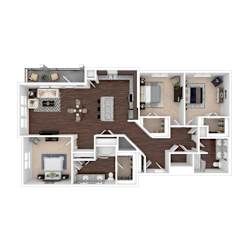 A 3D floor plan of a house with a kitchen, living room, dining room, and bedrooms.