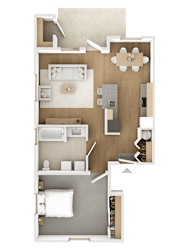 A top-down view of a house floor plan with a kitchen, living room, and bedrooms.