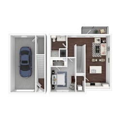 A blue car is parked in the garage of a two-story house.
