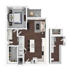 A top-down view of a house layout with a kitchen, living room, and bathroom.