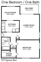 A floor plan of a one bedroom, one bath apartment.