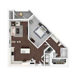 A 3D floor plan of a house with a kitchen, living room, and bedrooms.