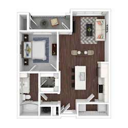A top down view of a small apartment with a kitchen, living room, and bathroom.