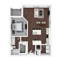 A 3D floor plan of a small apartment with a bedroom, living room, and kitchen.