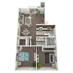 A 3D floor plan of a house with a kitchen, living room, dining room, and bathroom.
