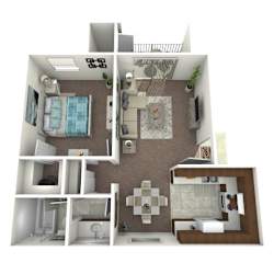 A 3D floor plan of a small apartment with a kitchen, living room, and bathroom.