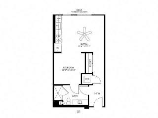 A black and white image of a floor plan for a small apartment.
