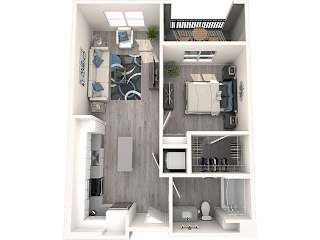 A 3D floor plan of a small apartment with a kitchen, living room, and bathroom.