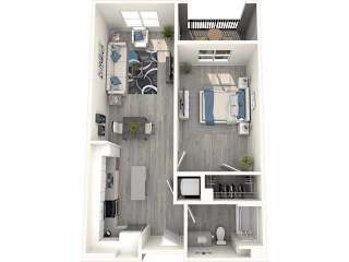 A top-down view of a small apartment with a kitchen, living room, and bathroom.