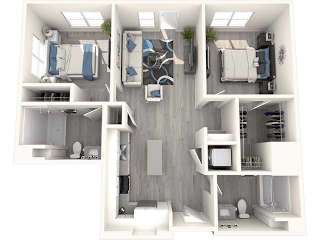A top-down view of a modern, white-walled, multi-room apartment.